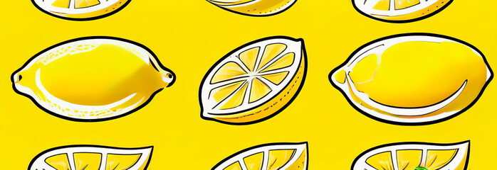 Watercolor seamless pattern with fresh ripe lemon and cut citrus slices on yellow background. For designers, postcards, party Invitations, wrapping