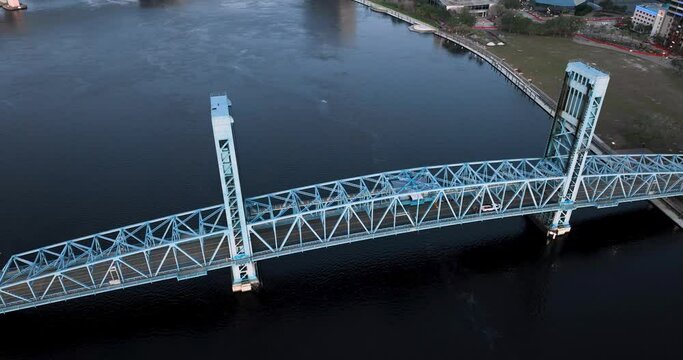 Aerial view of the John T. Alsop Jr. Bridge in Jacksonville, Florida with the St Johns River flowing under.