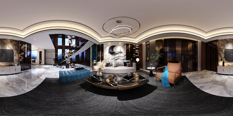 360 degrees living room. 3d render of modern luxury living room, apartment house.  - obrazy, fototapety, plakaty