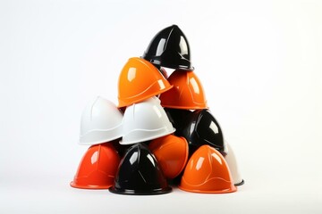 Stacked helmets and traffic cones on a white background. Generative AI