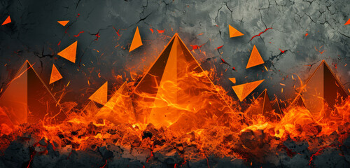 Fiery geometric shapes against a grungy, hot lava background.