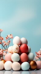 Decorated chicken eggs in delicate shades for the festive Easter table. Minimalistic background with copy space
