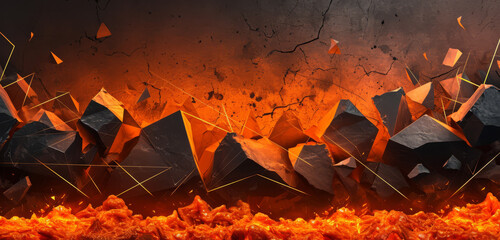 Fiery geometric shapes against a grungy, hot lava background.