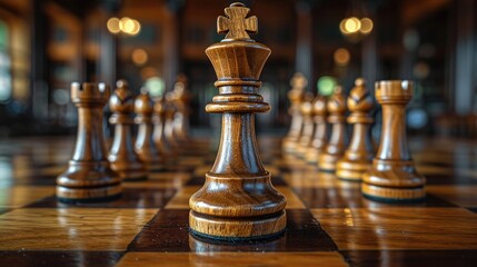 A Handcrafted Wooden Chess Set Mid-Game, with Focus on the Queen and King Pieces