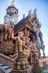 Sanctuary of Truth wooden temple in Pattaya Thailand is a gigantic wood construction located at the cape of Naklua Pattaya City. Sanctuary of Truth temple. 