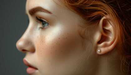 Portrait of an young woman with red hair with poor hearing. International Ear and Hearing Day