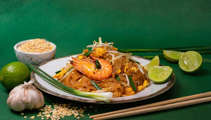 A tantalizing Thai pad thai with succulent shrimp and zesty lime, beautifully presented on a vibrant green background.