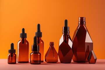 Assorted amber glass bottles on an orange background, suitable for essential oils or cosmetics packaging.