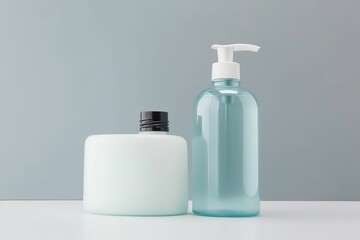 Fototapeta na wymiar Two cosmetic bottles on a light grey background, one with a pump dispenser, suitable for skincare product mockups.