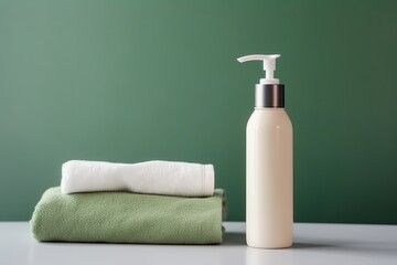 Minimalist hygiene concept with a bottle of lotion and folded towels on a clean background.