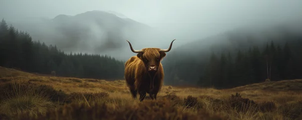 Foto op Plexiglas Highland cow with misty mountain in the background © thejokercze