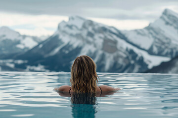 Fototapeta premium Woman relaxing in infinity pool and admiring winter mountains.