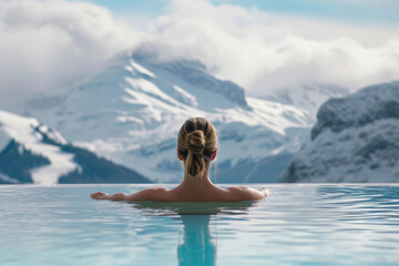 Fototapeta premium Woman relaxing in infinity pool and admiring winter mountains.