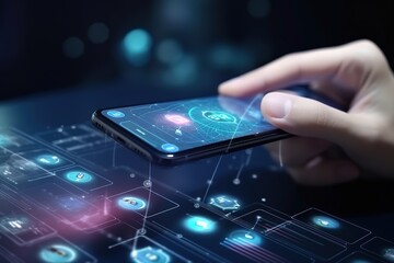 Close-up of a hand using a smartphone with futuristic digital icons overlay.