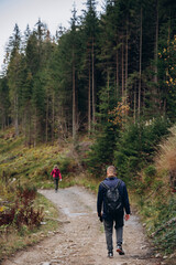 Fototapeta premium three friends are traveling in the mountains. overcome the route in the mountains with a backpack. autumn landscapes. Carpathian mountains. go on a hike with friends