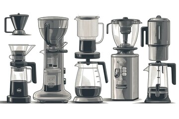 Vintage coffee makers and grinders collection on a light background.