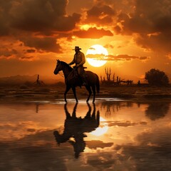 Cowboy sunset time riding horse painting