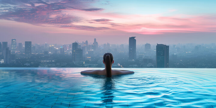 Woman relaxing in infinity pool and admiring cityscape and skyscrapers.