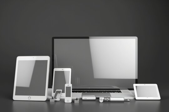 A picture featuring three laptops and a monitor placed on a table. Suitable for technology-related articles or websites