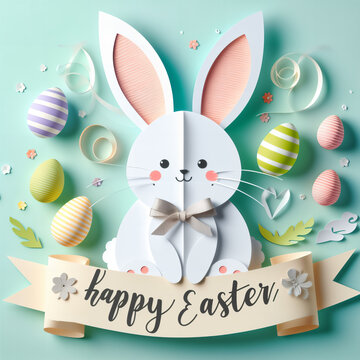 A delightful Easter-themed image showcasing a cute paper art bunny surrounded by colorful Easter eggs on a soft teal background. The bunny, adorned with a bow tie, is framed by a ribbon banner ...