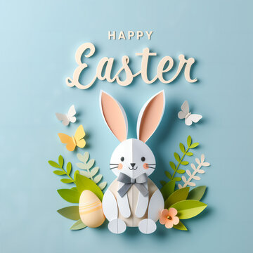 A delightful Easter-themed image featuring a cheerful paper craft bunny surrounded by colorful eggs, butterflies, and spring foliage against a soft blue background. Happy Easter.