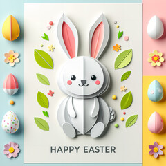 A delightful image capturing the essence of Easter with a cute paper art style bunny surrounded by decorated eggs, flowers, and leaves, with a warm greeting of “HAPPY EASTER” at the bottom.