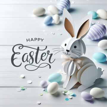 A charming Easter-themed image featuring a paper crafted bunny surrounded by colorful eggs on a wooden surface, with the cheerful greeting “Happy Easter” elegantly scripted above.