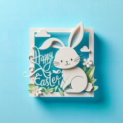 A charming Easter greeting card featuring a cute paper-cut design of a smiling bunny surrounded by spring flowers, set against a vibrant blue background. The elegant script reads “Happy Easter” .