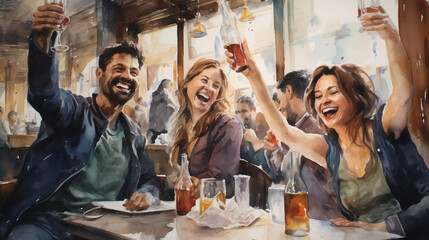 Friends drinking glass of beer, and sharing happiness.