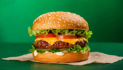 Burger on a green background; photo for the menu