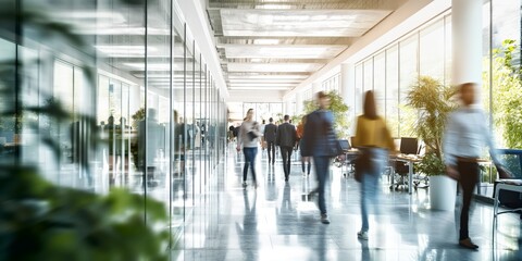 Businesspeople walking at modern office. Concept work process. Business workplace with people in walking in blurred motion in modern office space.