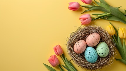happy easter concept with easter eggs and tulips - obrazy, fototapety, plakaty