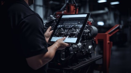 Mechanic using a tablet to diagnose car engine problems in a workshop.