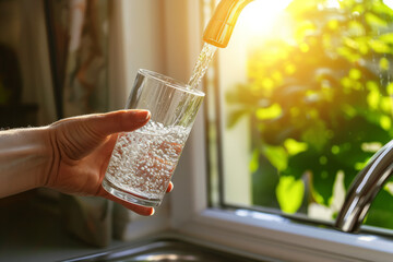 Pouring water, filling glass with water from tap in kitchen. - obrazy, fototapety, plakaty