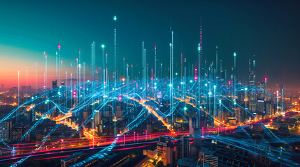 Abstract cityscape background with futuristic elements, representing a digital and interconnected urban environment - obrazy, fototapety, plakaty