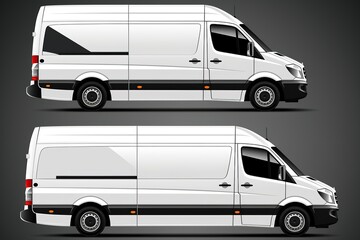 Clean blank white delivery van isolated on empty background, side view of plain car cargo carrier with large space for design, transportation logistics mockup