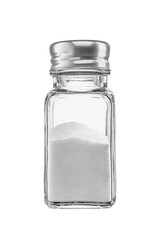 Shaker with fine salt isolated. Front view. Transparent PNG image.