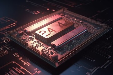 Close-up of a high-end microchip with softly glowing elements in rich 8K detail and studio lighting.