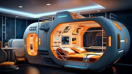 An imaginative space with a spaceship bunk bed, cosmic wall decals, and futuristic gadgets, propelling dreams into outer space. - obrazy, fototapety, plakaty