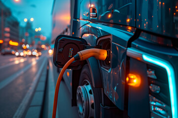 Electric truck, charging, city lights, evening, sustainable, eco-friendly, heavy transport, clean energy, modern design, blue and orange glow, city backdrop, futuristic, zero emissions, plug-in. - obrazy, fototapety, plakaty