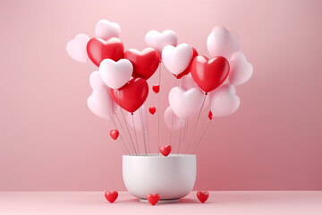 Fototapeta na wymiar Valentine's day, love concept background, pink and white 3d heart shaped balloons bouquet floating 