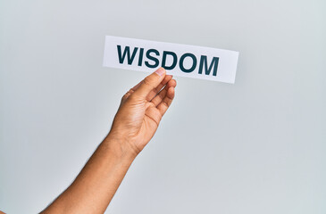 Hand of caucasian man holding paper with wisdom word over isolated white background