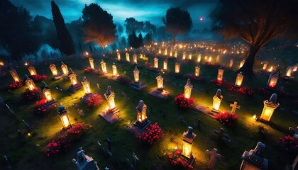 burning candles in a night cemetery