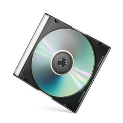 CD-R writable disk in black slim plastic box case jewel isolated. Transparent PNG image.