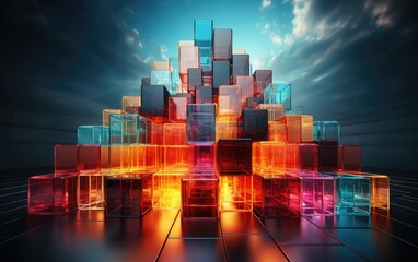 In the dark city night, a skyscraper stands tall, illuminated by a colorful screenshot of art, as a group of cubes dance among the clouds in the sky
