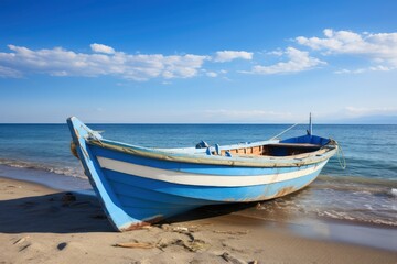 Obraz premium Blue and White Boat on Beach