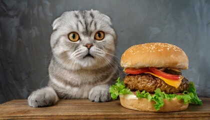 特大ハンバーガーとスコティッシュフォールド