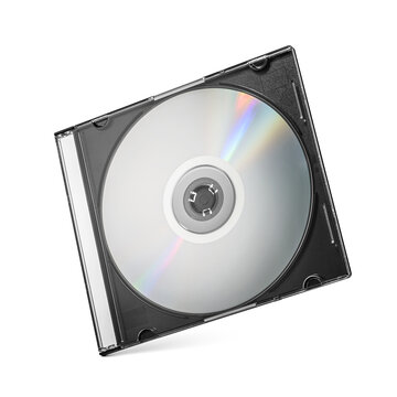 Closed black plastic disc box case CD jewel with silver disk isolated. Transparent PNG image.