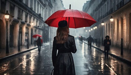 woman in the rain on the street with a red umbrella - obrazy, fototapety, plakaty
