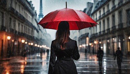 woman in the rain on the street with a red umbrella